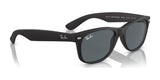 Ray-Ban NEW WAYFARER RB2132 sunglasses in black with dark lenses are showcased at an angle on a white background, providing sleek UV protection.