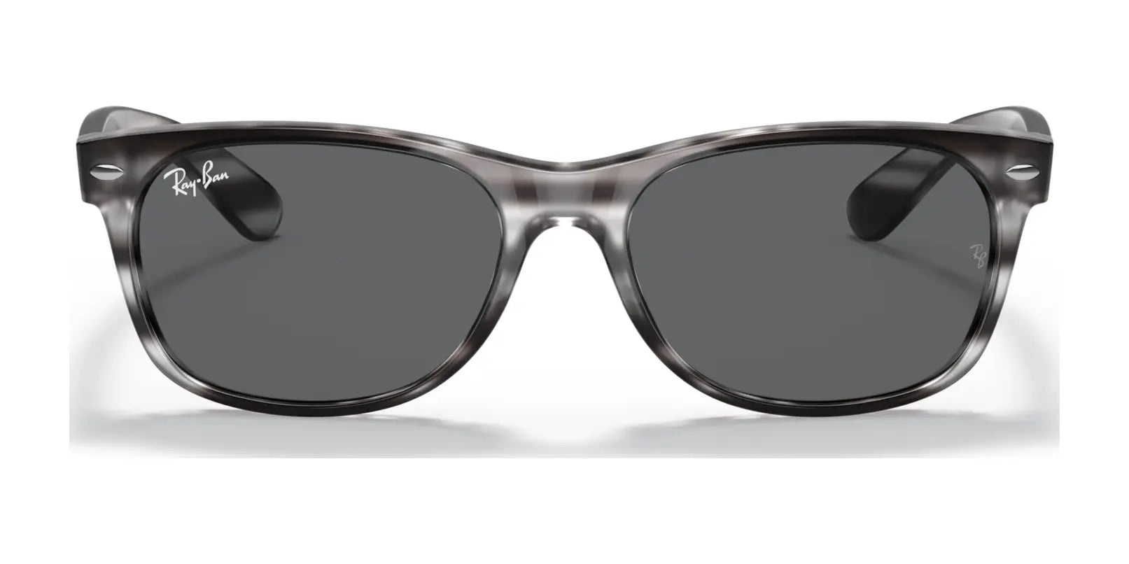 Ray-Ban NEW WAYFARER RB2132 sunglasses in black and gray gradient with UV protection, featuring dark polarized lenses and a logo on the top left corner. Size 55.