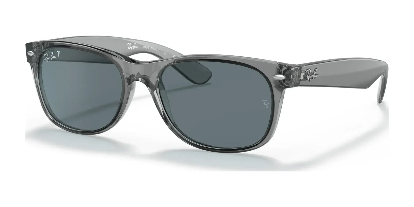 Ray-Ban NEW WAYFARER RB2132 sunglasses, size 58, feature a gray transparent frame with dark tinted lenses, UV protection, and logos on the lens and temple.