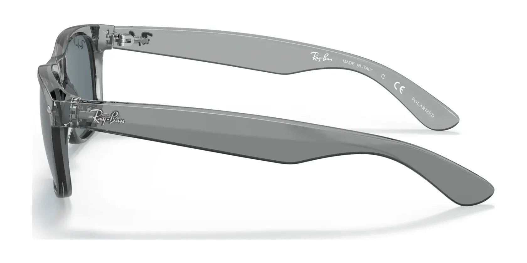 Side view of gray Ray-Ban NEW WAYFARER RB2132 Sunglasses, Size 58, featuring the "Ray-Ban" logo on temples and providing stylish UV protection.