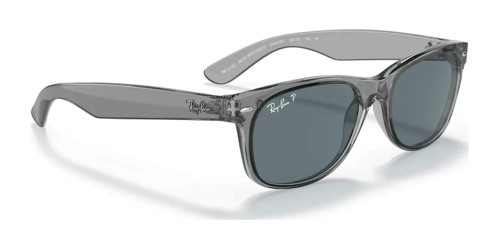 Gray transparent Ray-Ban NEW WAYFARER RB2132 sunglasses, size 58, with dark lenses provide 100% UV protection and feature the "Ray-Ban P" logo on the right lens. These timeless shades combine style with protection.