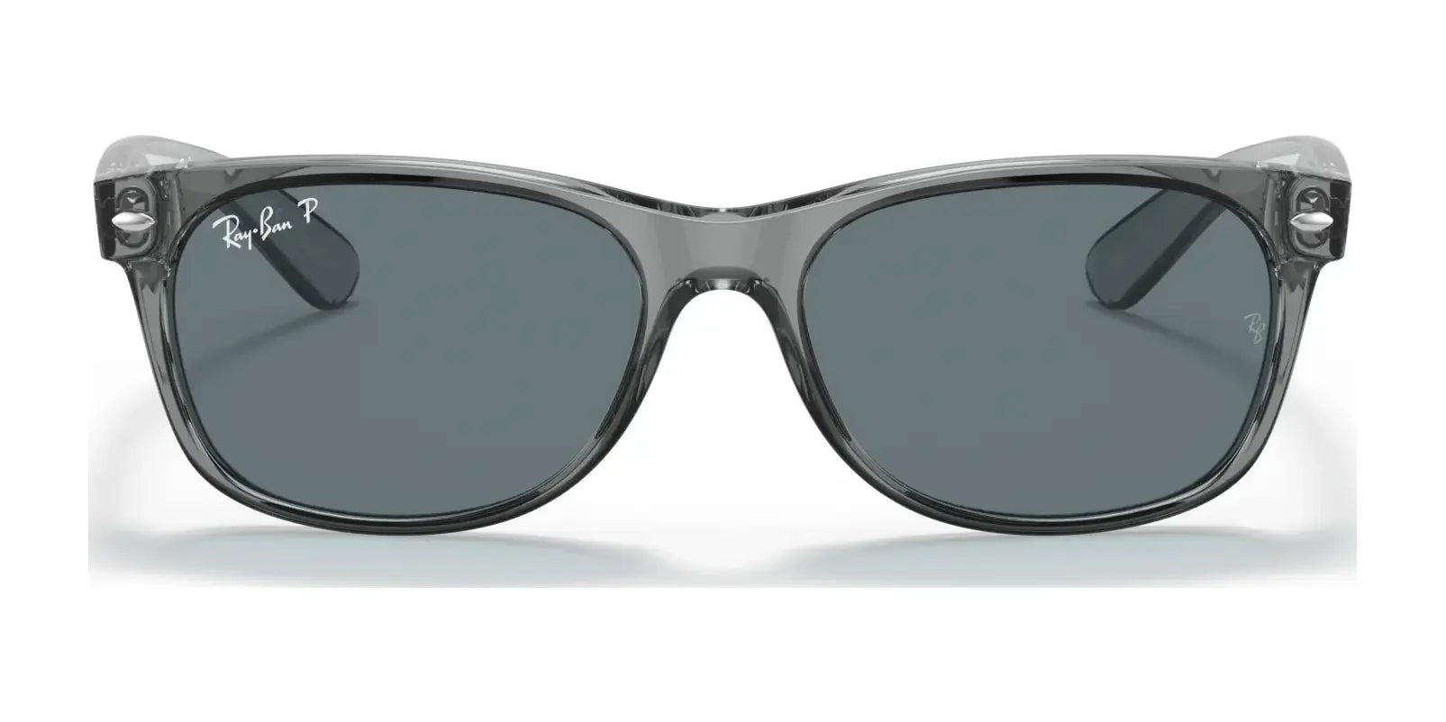 Ray-Ban NEW WAYFARER RB2132 sunglasses feature gray, transparent frames and dark polarized lenses for superior UV protection, size 55.