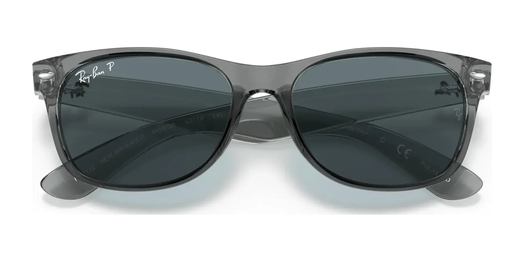 Ray-Ban NEW WAYFARER RB2132 Sunglasses, Size 58, feature gray frames with polarized lenses offering 100% UV protection, shown on a white background.