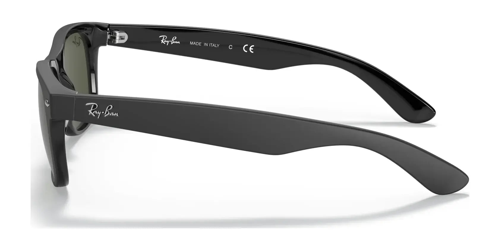 Side view of black Ray-Ban NEW WAYFARER RB2132 sunglasses, size 58, displaying the iconic logo on the temples and "Made in Italy" inside, featuring advanced UV protection.