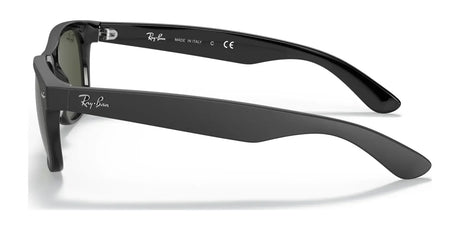 Side view of black Ray-Ban NEW WAYFARER RB2132 Sunglasses in size 55, featuring the logo and "Made in Italy" text on the arms, providing stylish UV protection.