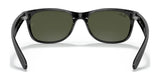 Ray-Ban NEW WAYFARER RB2132 Sunglasses in size 58, shown from the rear with dark green lenses on a white background, provide 100% UV protection.