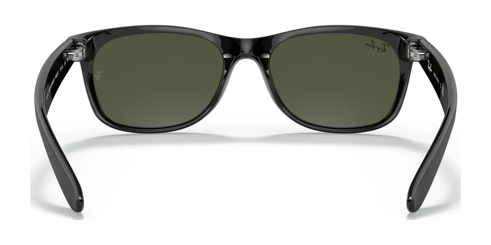 The Ray-Ban NEW WAYFARER RB2132 sunglasses, size 55, feature black frames and polarized lenses, offering stylish UV protection from a front view.