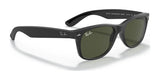 Ray-Ban NEW WAYFARER RB2132 sunglasses, size 58, feature a sleek black design with green lenses for excellent UV protection, beautifully showcased against a white background.