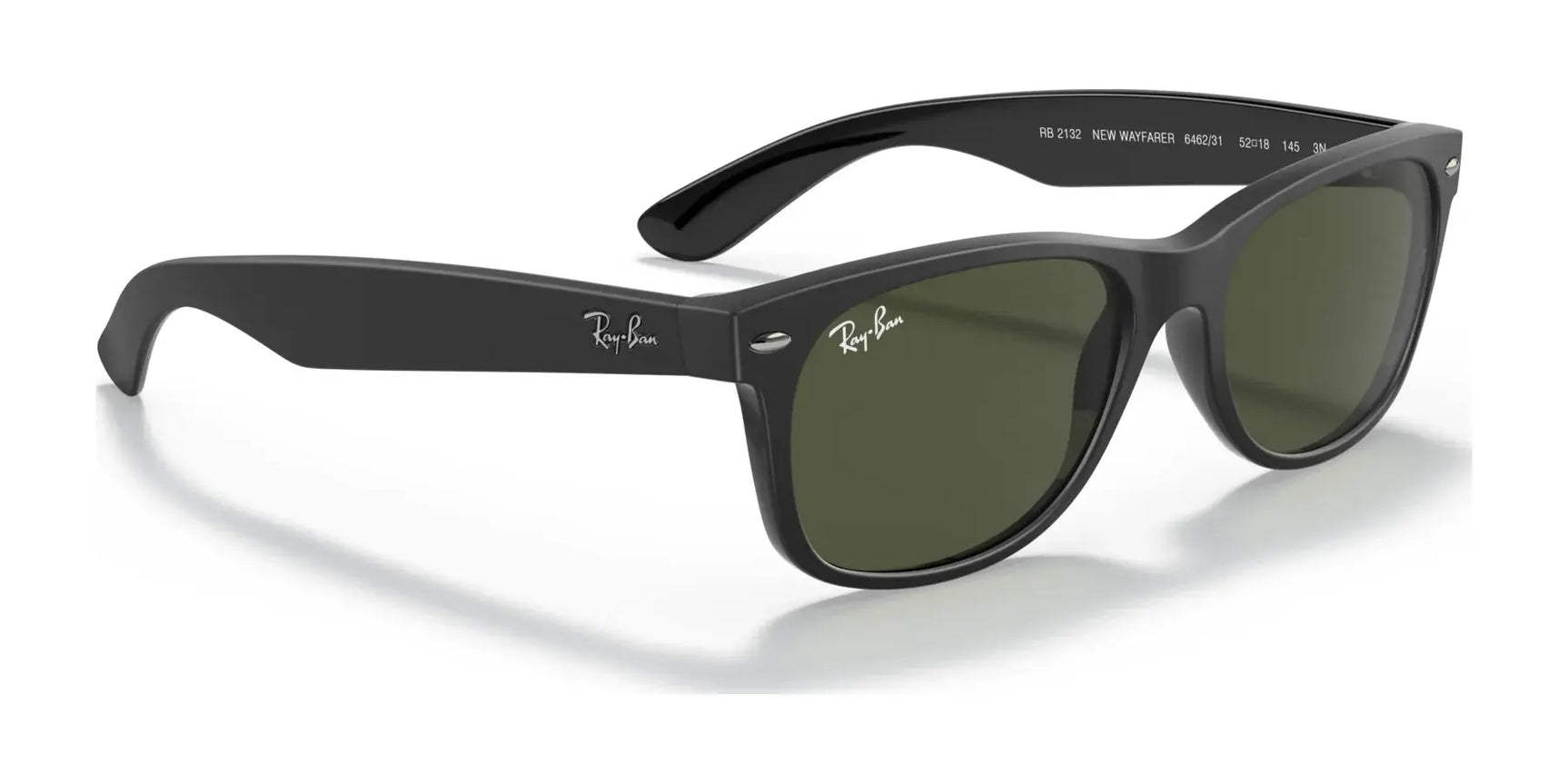 Ray-Ban NEW WAYFARER RB2132 sunglasses, size 58, feature a sleek black design with green lenses for excellent UV protection, beautifully showcased against a white background.