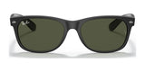 The Ray-Ban NEW WAYFARER RB2132 Sunglasses, Size 58, boast iconic black frames and dark lenses against a crisp white background, providing 100% UV protection.