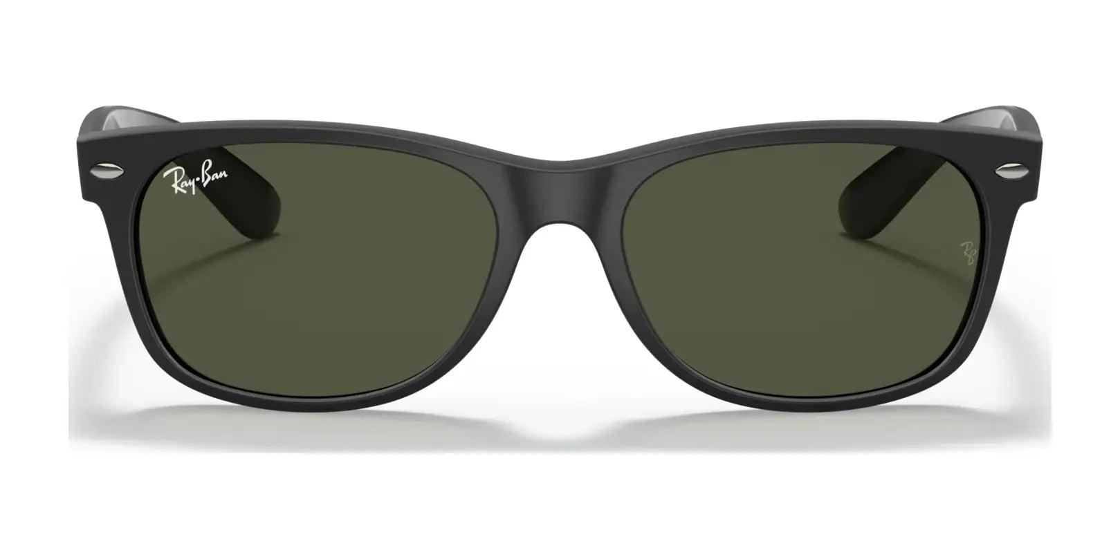 The Ray-Ban NEW WAYFARER RB2132 Sunglasses, Size 58, boast iconic black frames and dark lenses against a crisp white background, providing 100% UV protection.