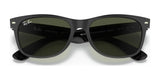 Close-up of Ray-Ban NEW WAYFARER RB2132 sunglasses in classic black with dark lenses, providing UV protection, set against a white background.