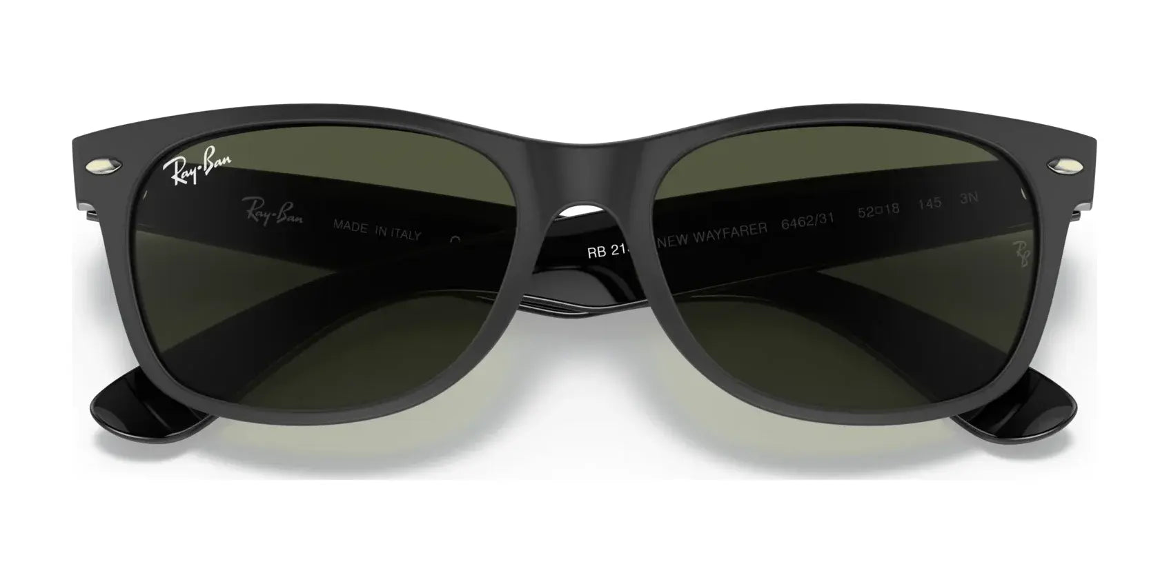 Black Ray-Ban NEW WAYFARER RB2132 sunglasses in size 55 featuring dark, polarized lenses offering UV protection, shown from the front.