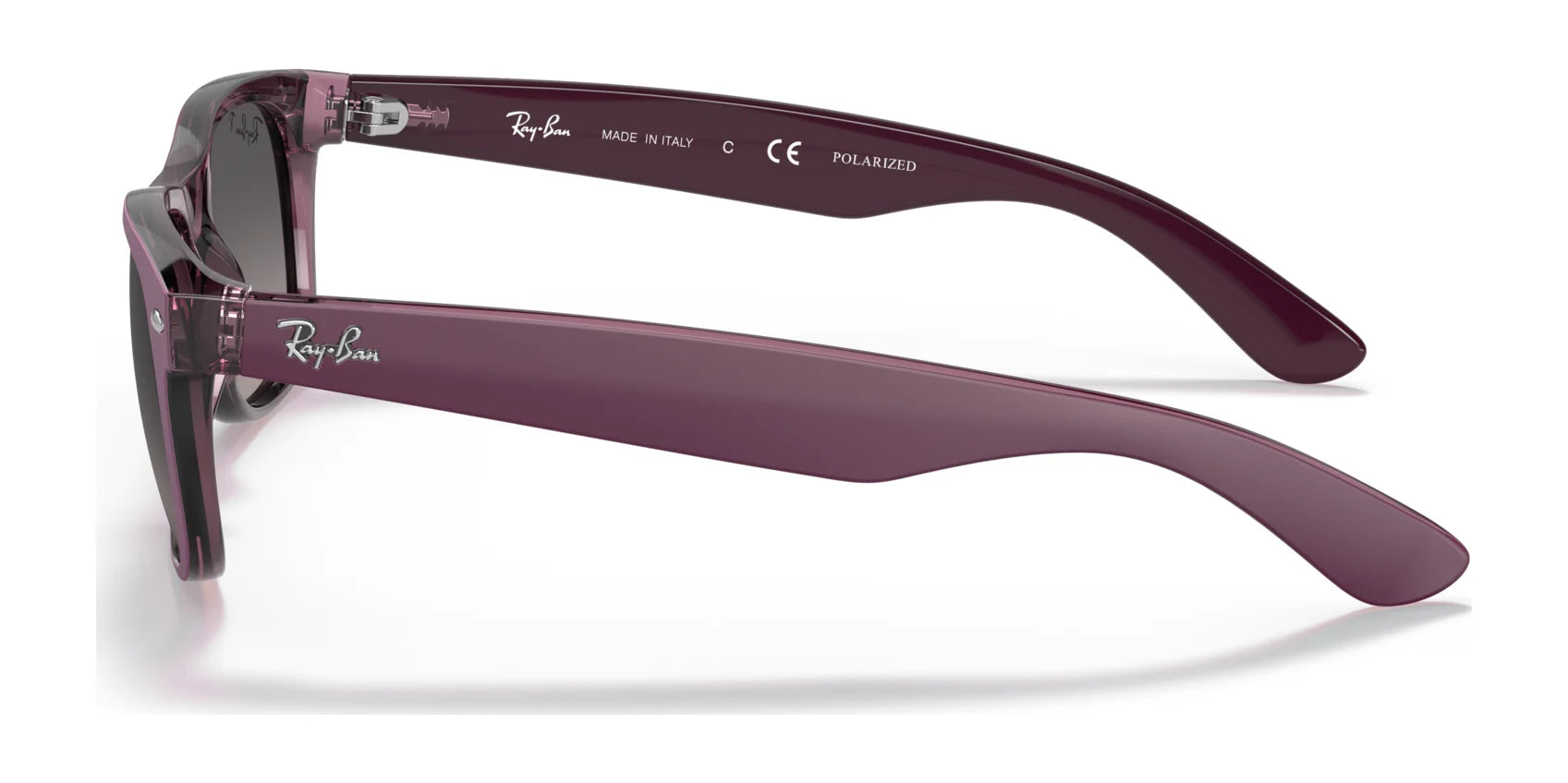 Side view of Ray-Ban NEW WAYFARER RB2132 sunglasses in purple, size 52, showcasing the iconic logo on the arms for a stylish look.