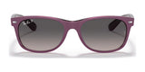 The Ray-Ban NEW WAYFARER RB2132 sunglasses in size 58 boast purple frames with dark gradient lenses, silver rivets, and a signature brand logo on the lens, offering iconic style and UV protection.