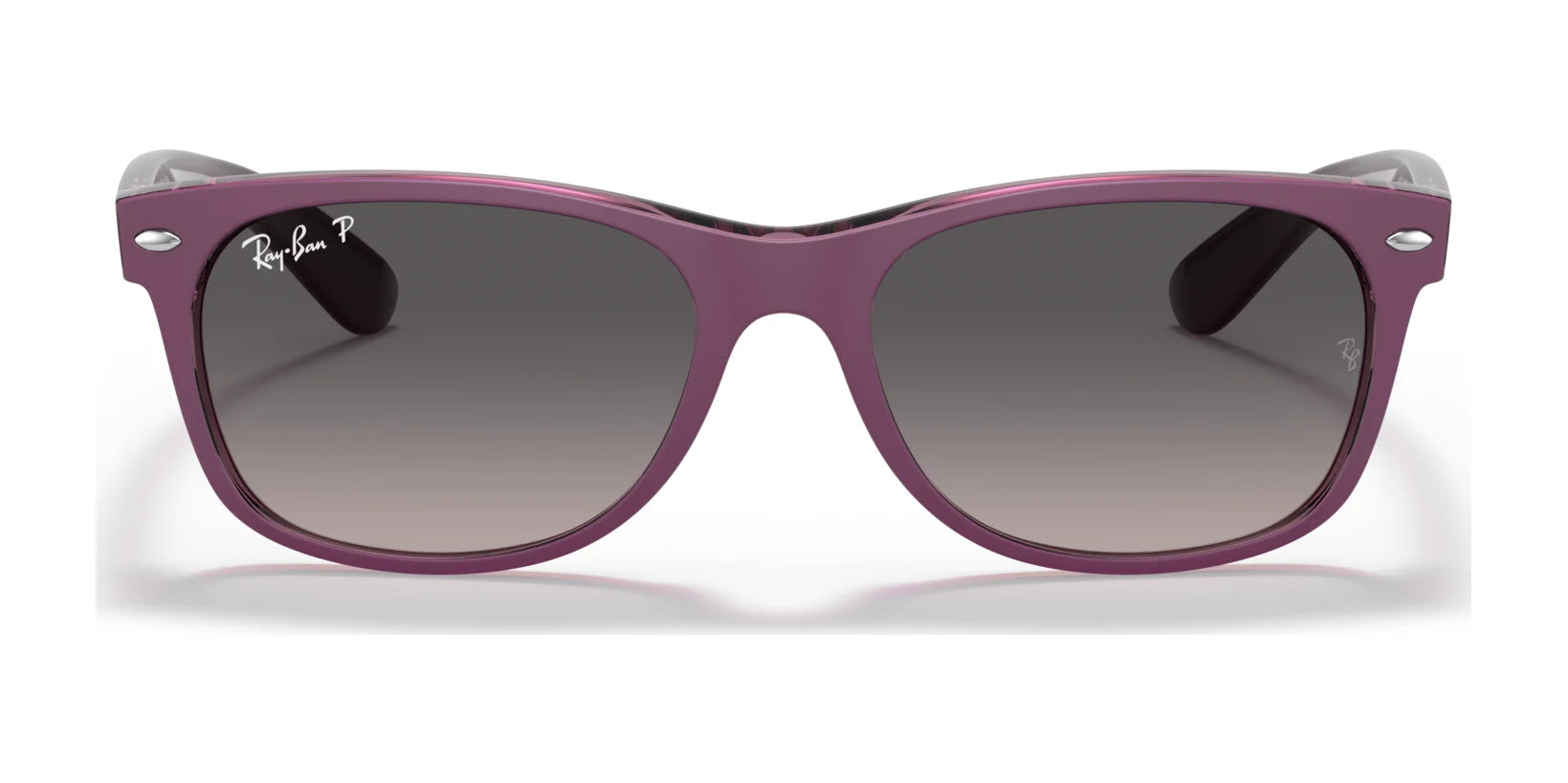 The Ray-Ban NEW WAYFARER RB2132 sunglasses in size 58 boast purple frames with dark gradient lenses, silver rivets, and a signature brand logo on the lens, offering iconic style and UV protection.