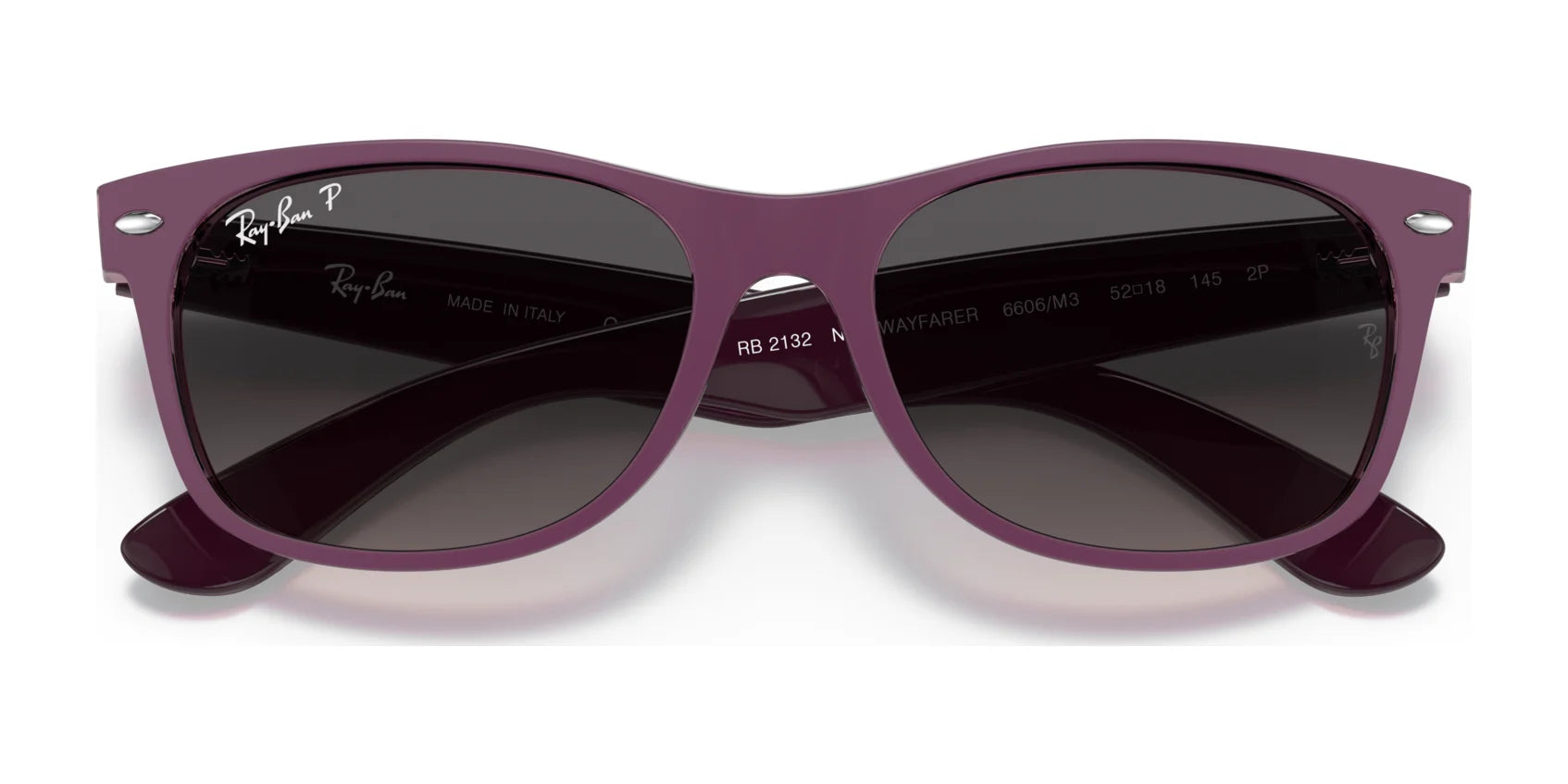 Purple Ray-Ban NEW WAYFARER RB2132 sunglasses in size 58, featuring dark lenses for timeless style and UV protection, viewed from the front.