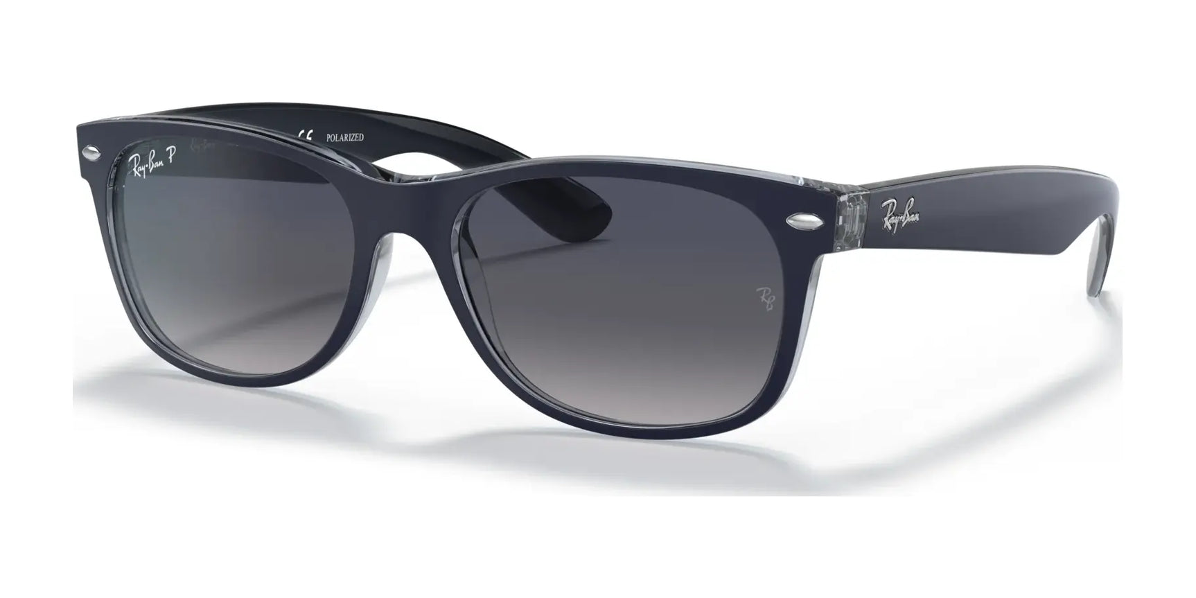 Ray-Ban NEW WAYFARER RB2132 Sunglasses, with semi-transparent frames and iconic logo on temples and lens, provide UV protection and polarized lenses for clarity and comfort. Size: 55.