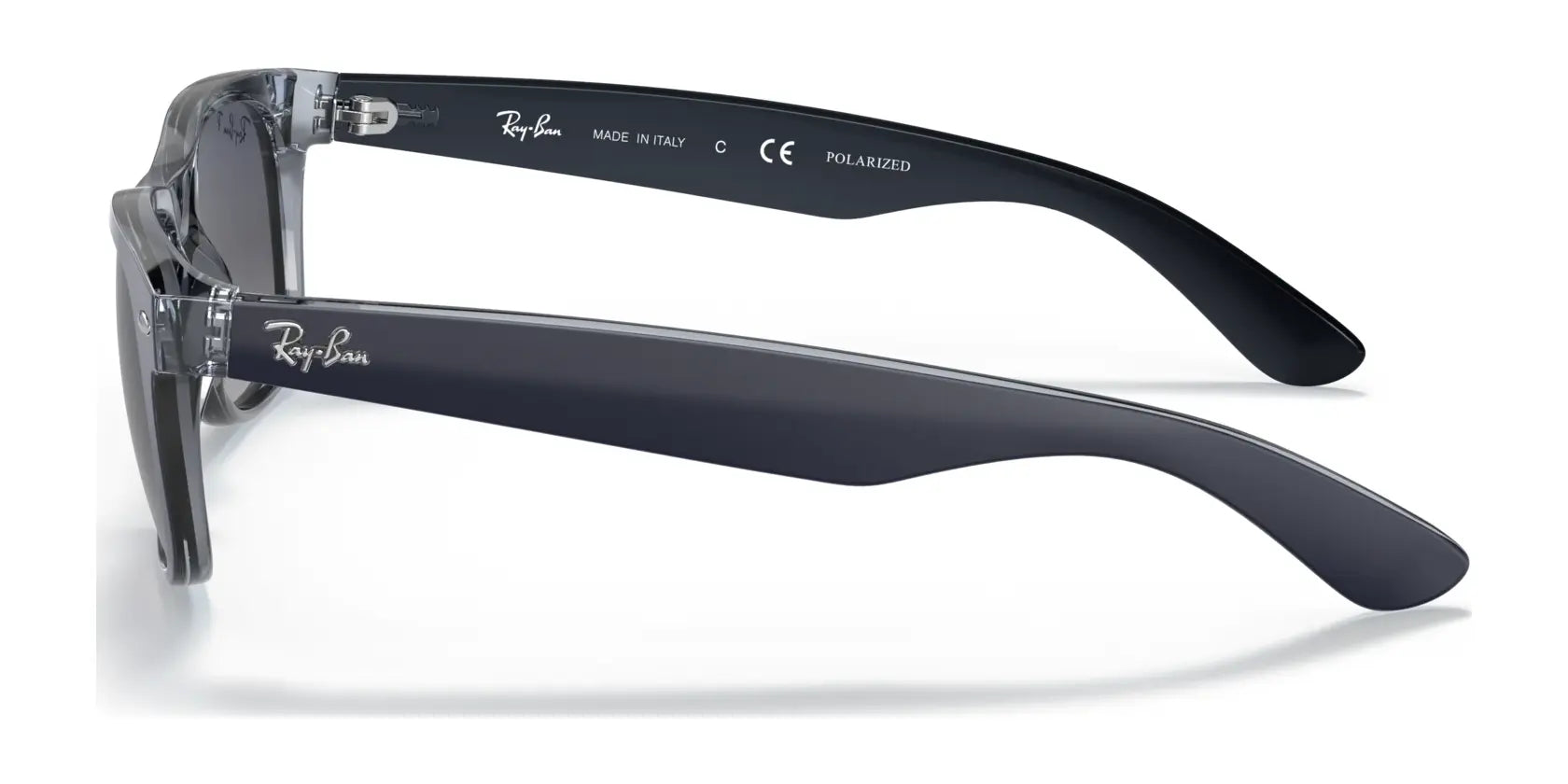 Side view of black Ray-Ban NEW WAYFARER RB2132 sunglasses, size 58, featuring a silver logo on the arms and transparent hinges for stylish UV protection.