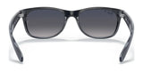 Ray-Ban NEW WAYFARER RB2132 Sunglasses, Size 58, are elegantly displayed from the front on a white background. They feature dark gradient lenses, combining style with UV protection.