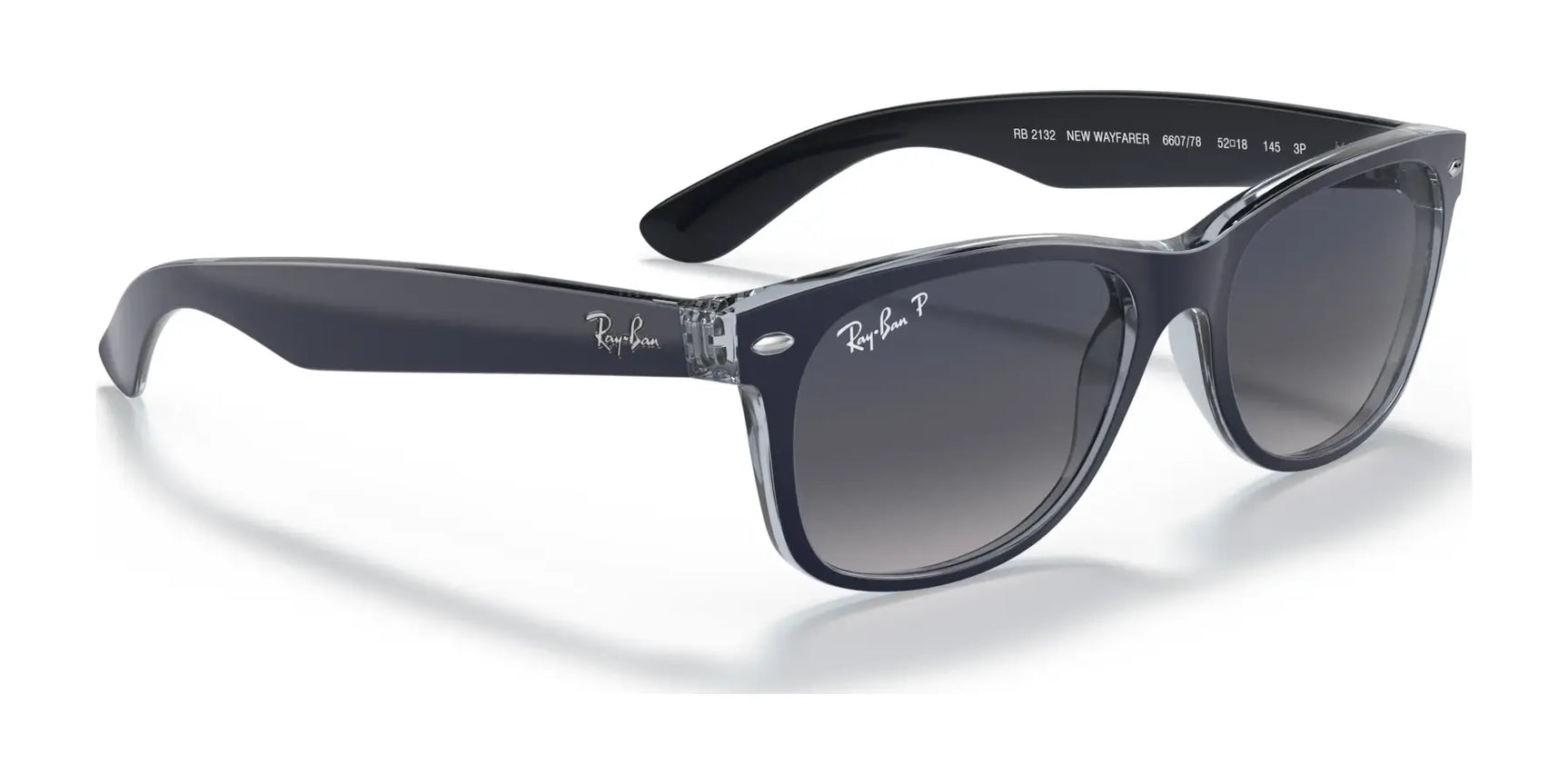 Ray-Ban NEW WAYFARER RB2132 sunglasses feature a classic design with black frames, transparent temple tips, and UV-protective gray gradient lenses, all set against a white background.