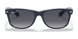 The Ray-Ban NEW WAYFARER RB2132 Sunglasses, Size 58, feature sleek gray gradient lenses with a logo on the top left corner, providing stylish UV protection.