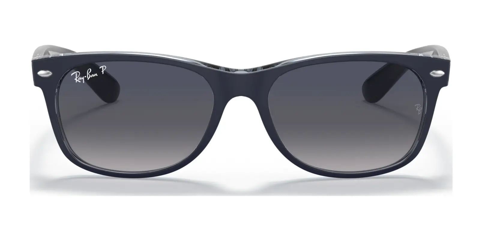 The Ray-Ban NEW WAYFARER RB2132 Sunglasses, Size 58, feature sleek gray gradient lenses with a logo on the top left corner, providing stylish UV protection.