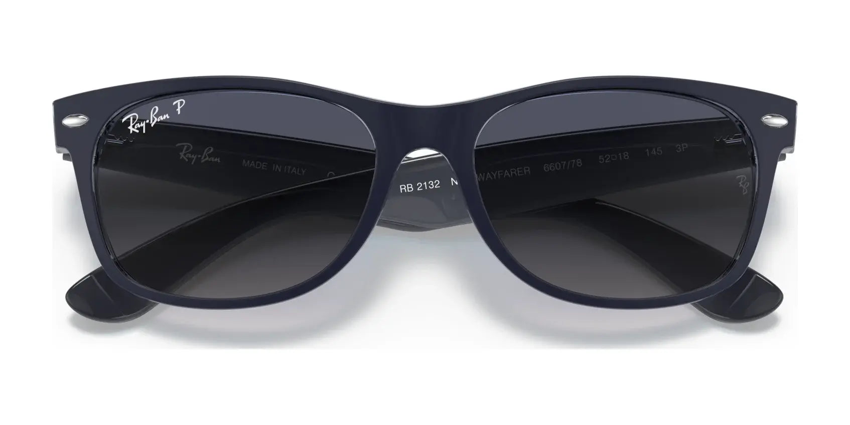 Ray-Ban NEW WAYFARER RB2132 sunglasses, size 58, provide stylish UV protection with dark lenses and iconic logo details on temples and lens.