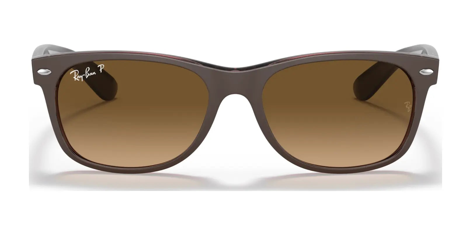 Ray-Ban NEW WAYFARER RB2132 Sunglasses, Size 55, in classic brown with polarized lenses for UV protection, displayed on a clean white background.