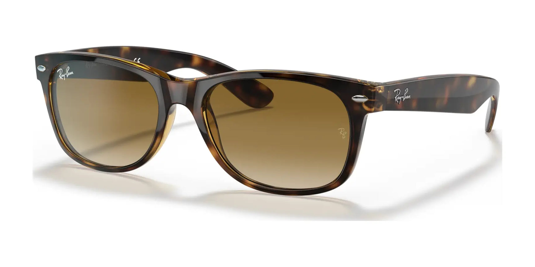 Ray-Ban NEW WAYFARER RB2132 Sunglasses, Size 52, feature a tortoiseshell frame with brown gradient lenses that are prescription-ready and adorned with elegant silver branding on the temples.