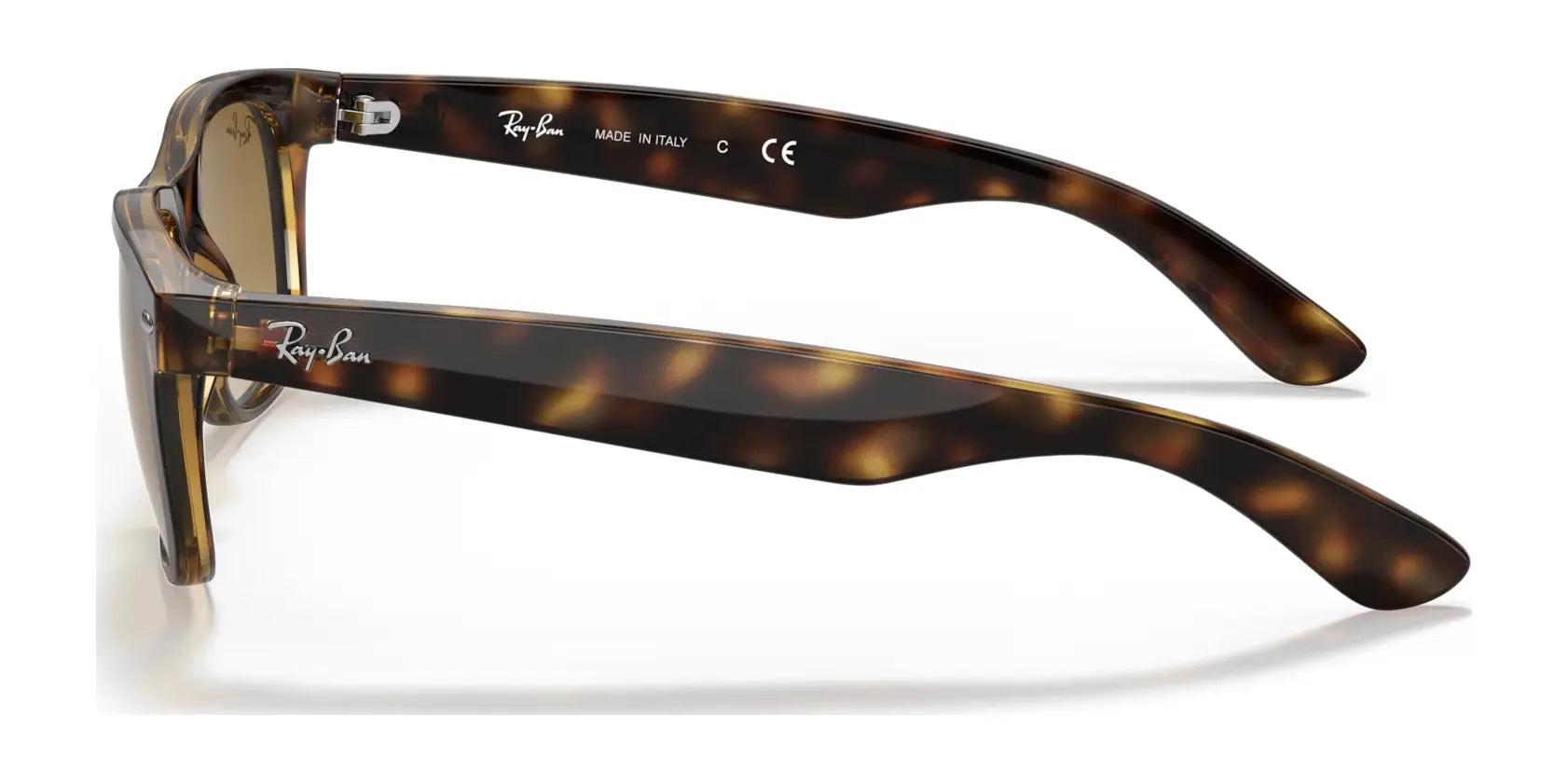 Side view of tortoiseshell Ray-Ban NEW WAYFARER RB2132 sunglasses, size 58, with thick arms displaying the brand logo, "Made in Italy" text, and providing UV protection.