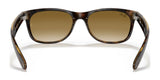 These Ray-Ban NEW WAYFARER RB2132 sunglasses in brown tortoiseshell, size 58, feature gradient lenses and UV protection, viewed from the front.