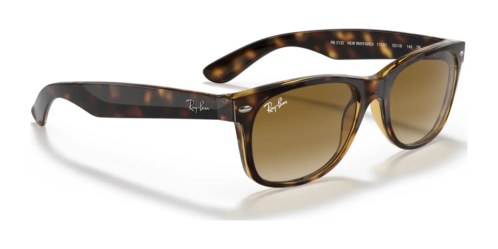 Ray-Ban NEW WAYFARER RB2132 sunglasses in tortoiseshell have brown lenses, a "Ray-Ban" logo on the frame and lens, and provide 100% UV protection. Size 58.