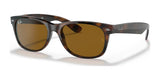 Ray-Ban NEW WAYFARER RB2132 sunglasses, size 52, feature a brown tint with a stylish tortoiseshell frame and logo on the temples for fashionable sun protection.