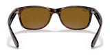 Back view of Ray-Ban NEW WAYFARER RB2132 Sunglasses, Size 58, in tortoiseshell with brown lenses offering 100% UV protection, displayed on a white background.