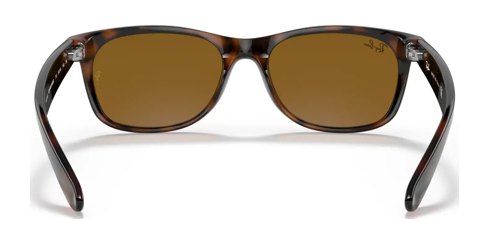 Back view of Ray-Ban NEW WAYFARER RB2132 Sunglasses, Size 58, in tortoiseshell with brown lenses offering 100% UV protection, displayed on a white background.