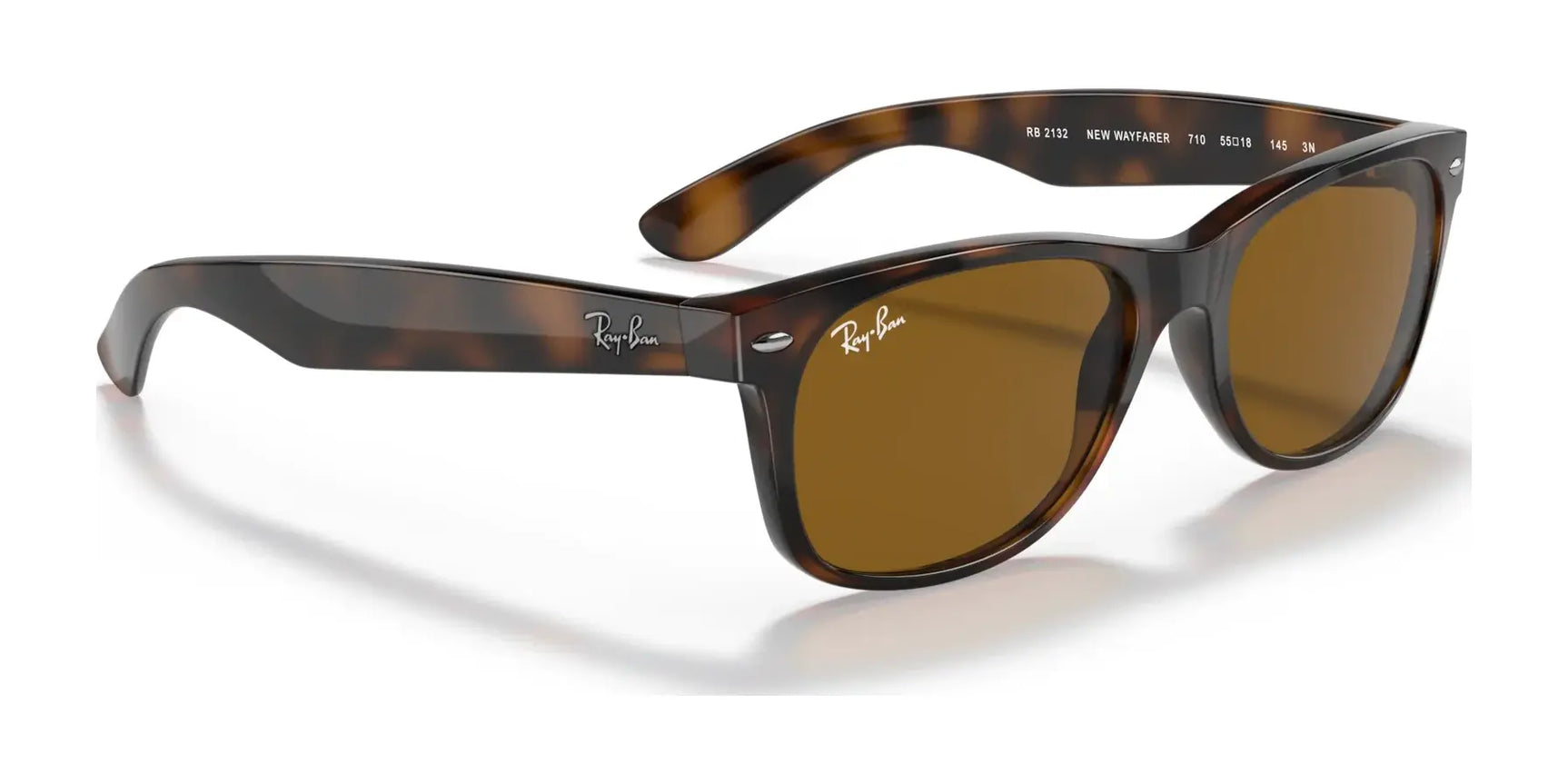 Ray-Ban NEW WAYFARER RB2132 sunglasses in tortoiseshell with UV-protective brown lenses, adorned with a sleek silver Ray-Ban logo on the temples; size 58.