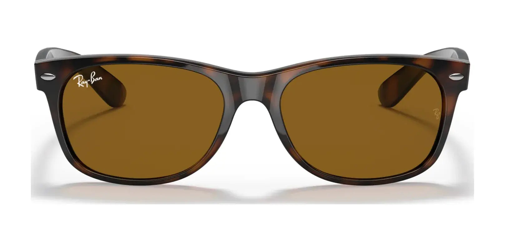 Ray-Ban NEW WAYFARER RB2132 sunglasses, size 58, feature brown lenses with black frames and small logos on the top corners, providing essential UV protection.