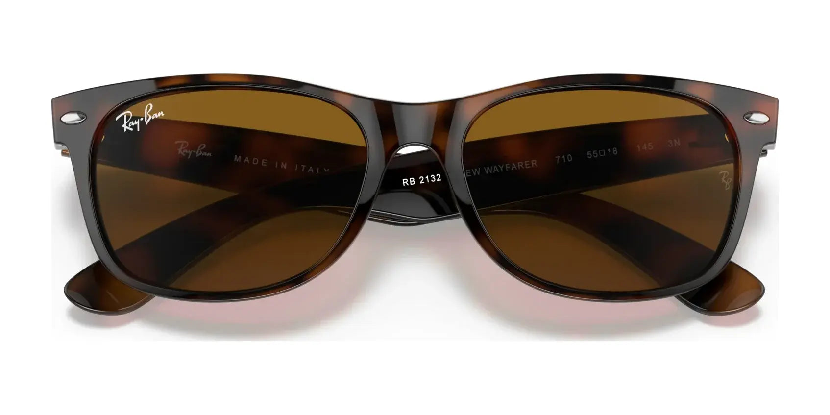 Ray-Ban NEW WAYFARER RB2132 Sunglasses (Size 58) feature a tortoiseshell frame, brown lenses, and silver rivets, providing stylish UV protection.