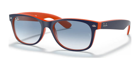 The Ray-Ban NEW WAYFARER RB2132 Sunglasses in size 52 have stylish blue and orange frames and gradient lenses. They're also prescription ready, making them a colorful and convenient choice.