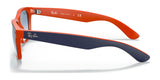 The orange Ray-Ban NEW WAYFARER RB2132 sunglasses (Size 55) feature polarized lenses and dark blue temples, displaying the brand logo and "Made in Italy" label for excellent UV protection.