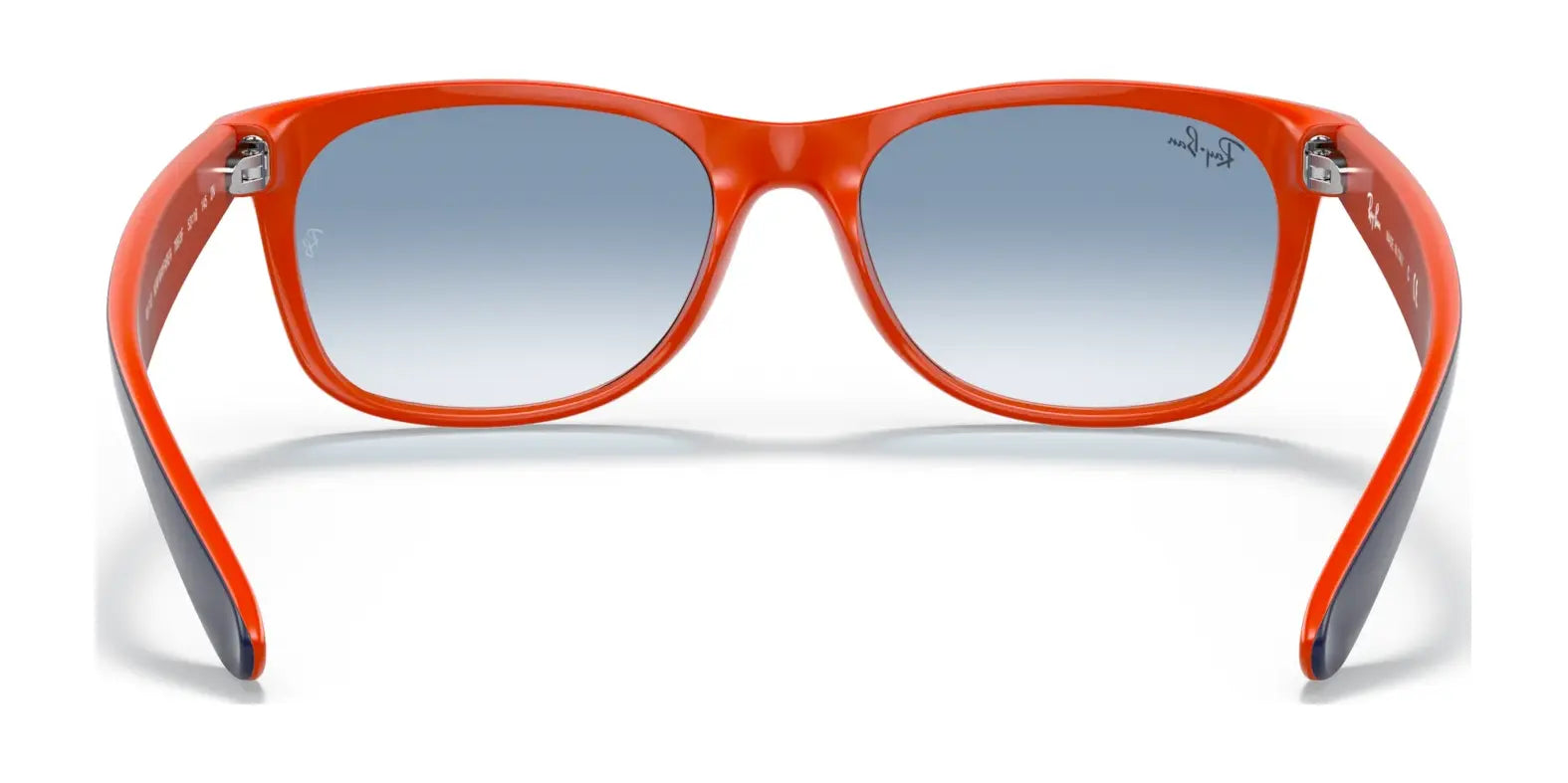 These Ray-Ban NEW WAYFARER RB2132 sunglasses in vibrant orange feature gradient blue polarized lenses, providing style and UV protection.