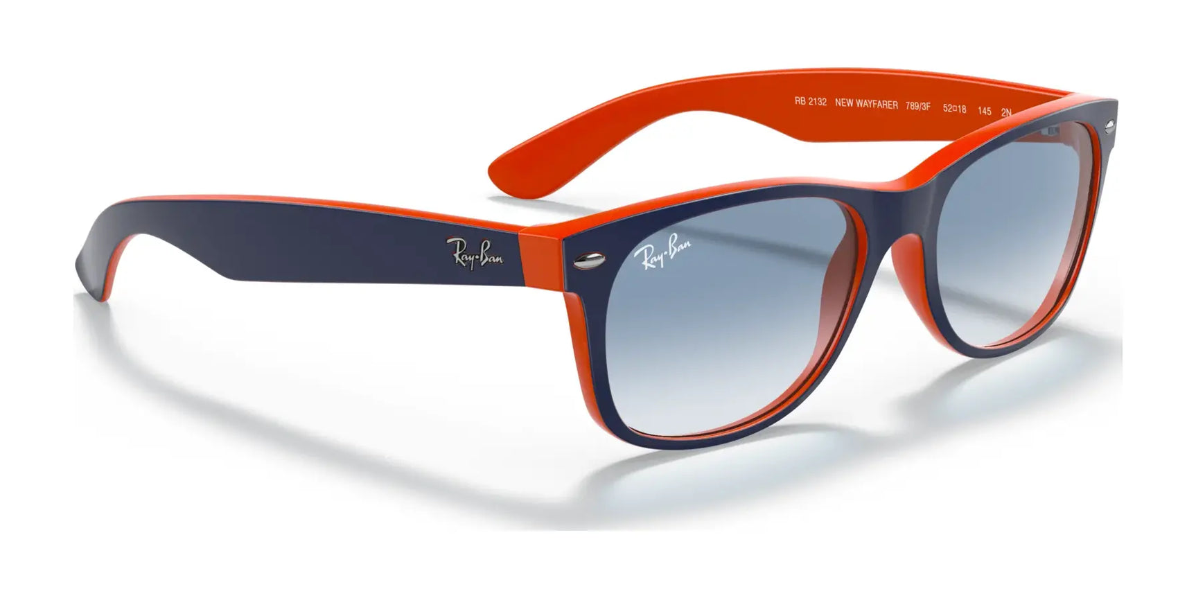 Elevate your style with Ray-Ban NEW WAYFARER RB2132 sunglasses in dark blue and orange. These size 52 shades feature gradient lenses, offering a sleek side view and excellent sun protection.