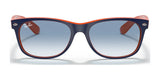 The Ray-Ban NEW WAYFARER RB2132 Sunglasses, size 55, in blue and orange with gradient lenses offering UV protection, are displayed on a white background.