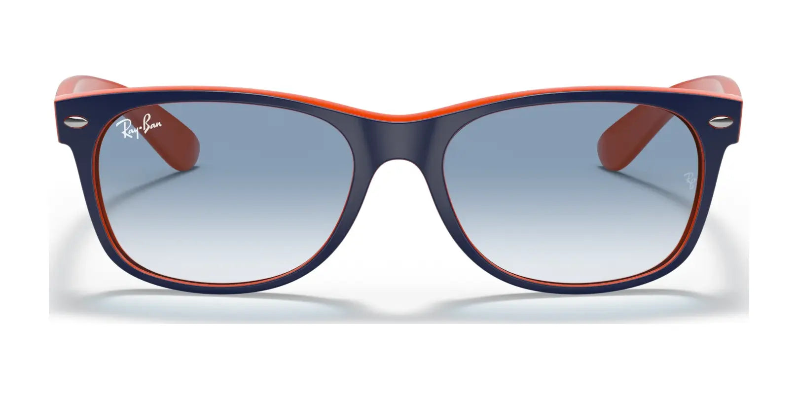 The Ray-Ban NEW WAYFARER RB2132 Sunglasses, size 55, in blue and orange with gradient lenses offering UV protection, are displayed on a white background.