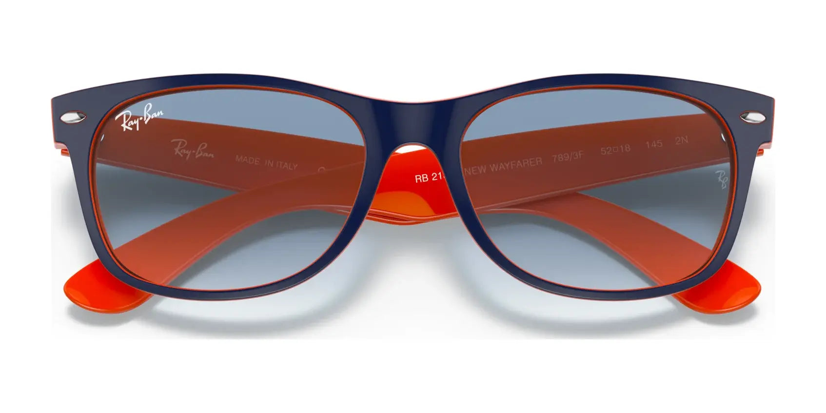 Achieve standout style with Ray-Ban NEW WAYFARER RB2132 Sunglasses in blue and orange, flaunting a chic two-tone design and polarized lenses for clear vision. Enjoy renowned Ray-Ban UV protection, ensuring both flair and eye safety under the sun. Size 55.