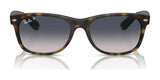 Ray-Ban NEW WAYFARER RB2132 sunglasses in tortoiseshell, featuring gradient gray polarized lenses with UV protection and a logo on the top left corner of the frame; Size 55.