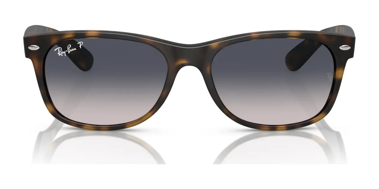 Ray-Ban NEW WAYFARER RB2132 sunglasses in tortoiseshell, featuring gradient gray polarized lenses with UV protection and a logo on the top left corner of the frame; Size 55.