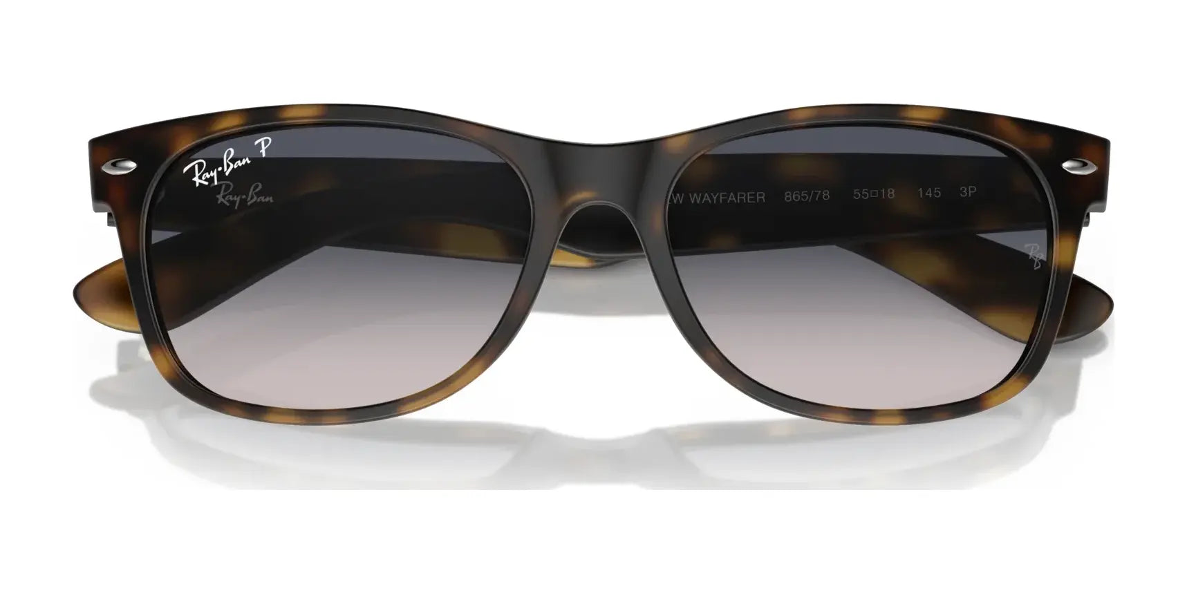 Tortoise-shell Ray-Ban NEW WAYFARER RB2132 sunglasses, size 58, featuring polarized lenses and UV protection.