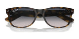 Ray-Ban NEW WAYFARER RB2132 sunglasses, tortoiseshell frame with dark, polarized lenses and UV protection, against a white background.